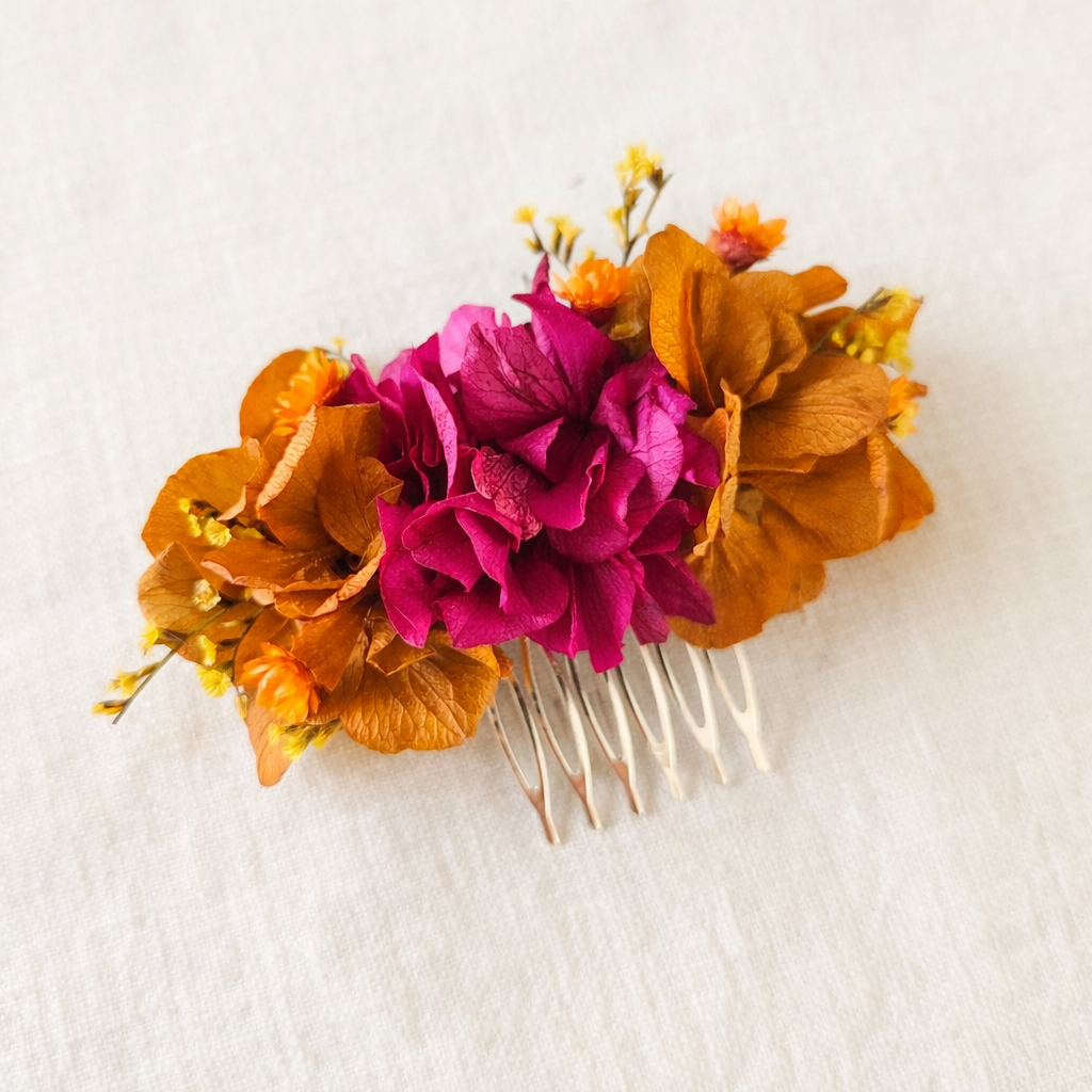Burnt Orange & Magenta Flower Hair Pin – Fall Wedding Hair Accessories