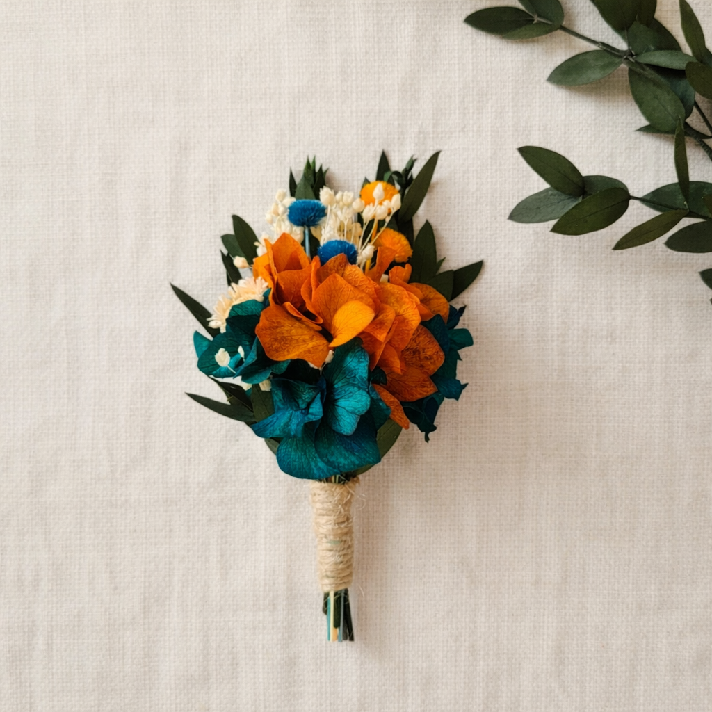 Teal & Orange preserved flower boutonniere