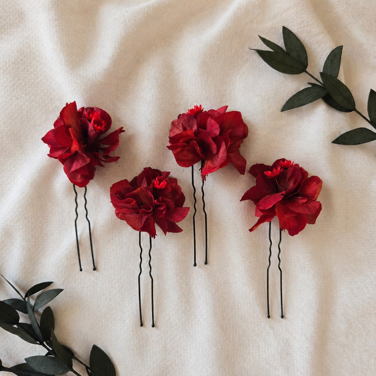 Red Hydrangea wedding dried flower hair pins, Boho Bridal Hair Piece