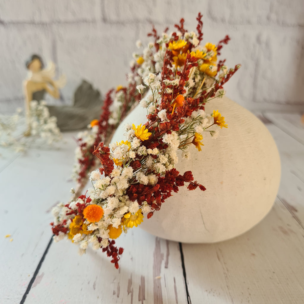 Boho Burnt Orange Dried Flower Crown: Autumn Bridal Headband,Folk Wedding Headpiece