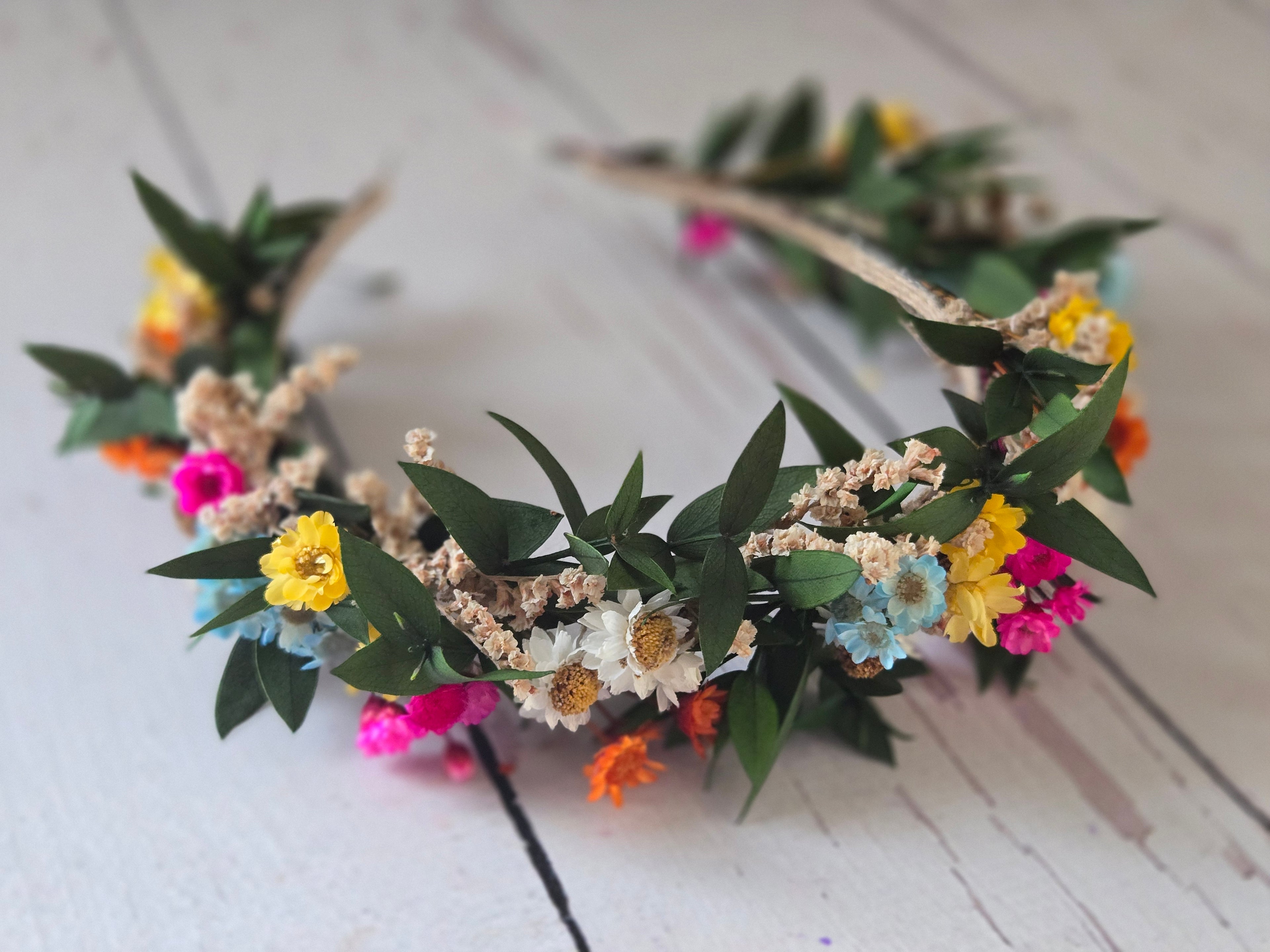 Colorful Dried Flower Headband: Eucalyptus Greenery Wedding Crown