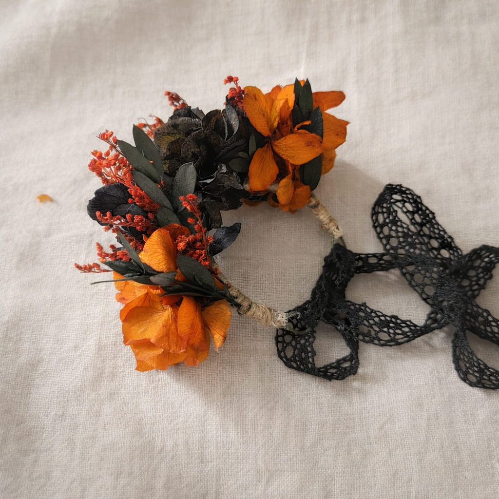 Gothic Burnt Orange Wrist Corsage, Dark Floral Bridesmaid Bracelet