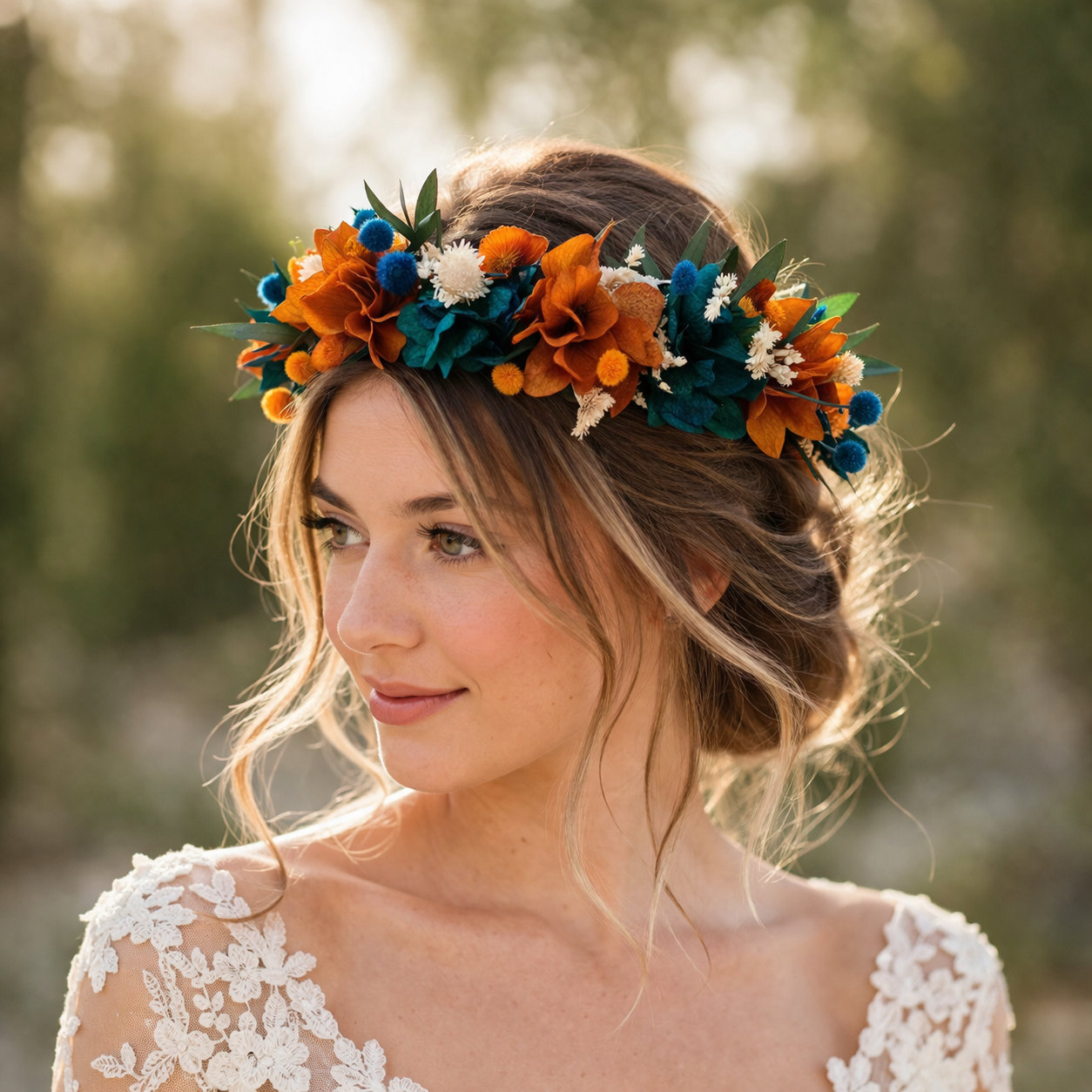 Teal Orange Flower Crown Set for Wedding, Boho Bridal Crown, Preserved Flowers