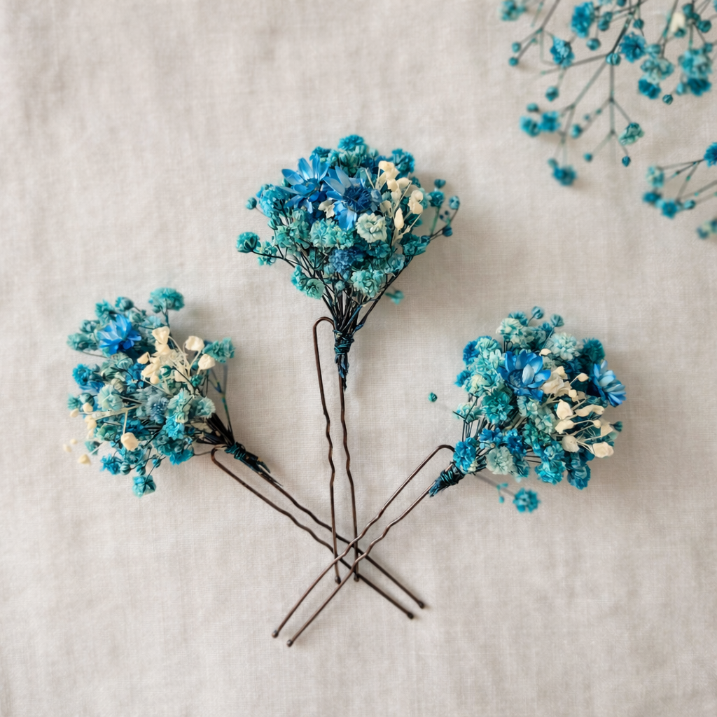 Blue Dried Flower Hair Pins, Bridal Wedding Accessories, Boho Natural Style