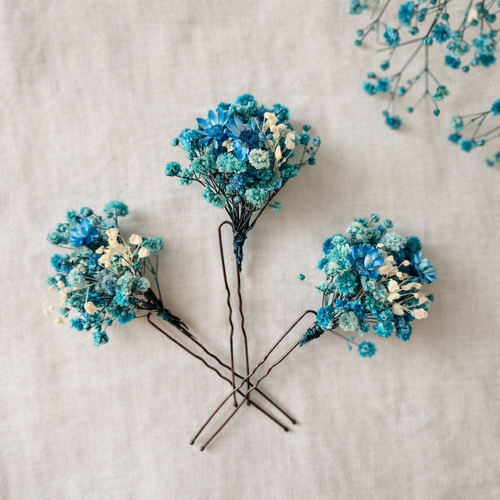 Blue Dried Flower Hair Pins, Bridal Wedding Accessories, Boho Natural Style
