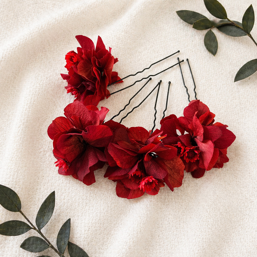 Red Hydrangea wedding dried flower hair pins, Boho Bridal Hair Piece