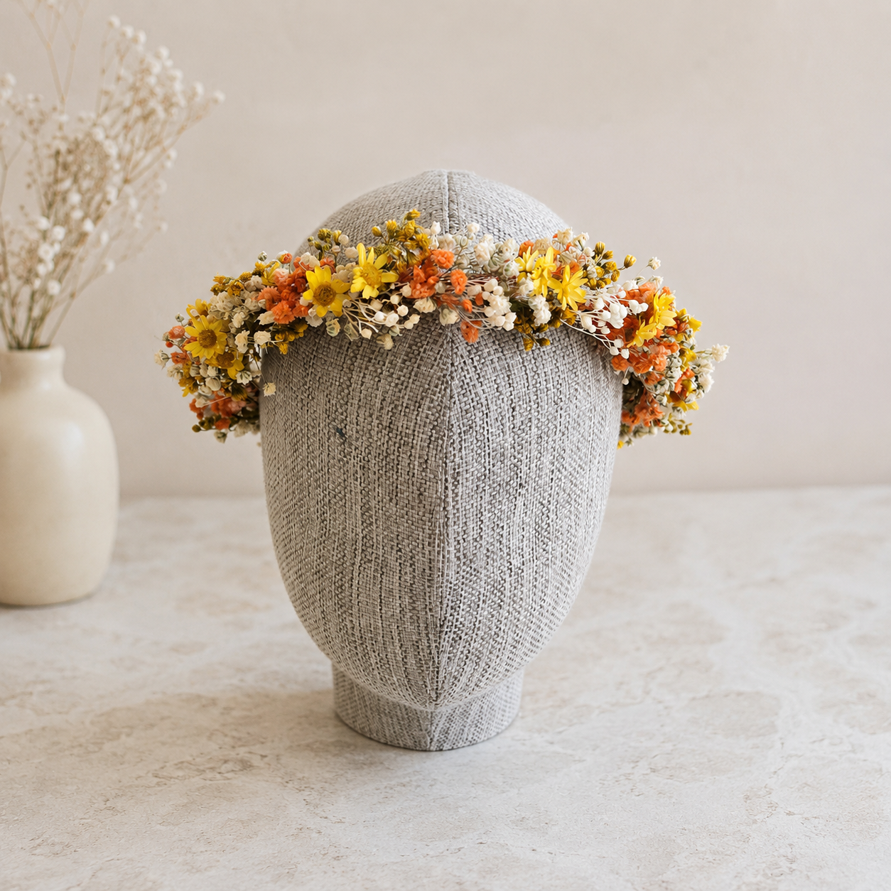 Rustic Flower Wedding Crown | Yellow & Orange Preserved Flower Crown | Boho Wedding Floral Headpiece