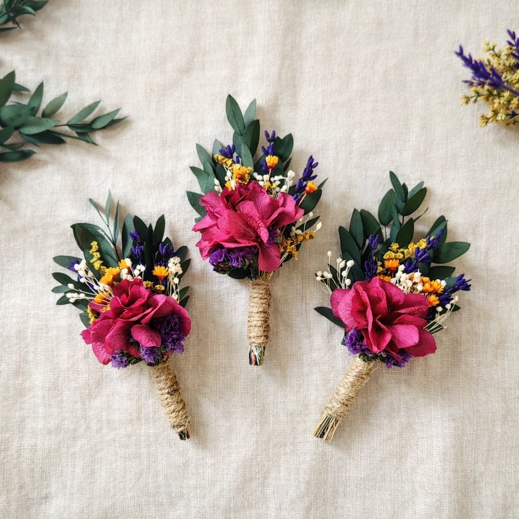 Magenta Hydrangea Dried Flower Bridal Bouquet: Rustic Wedding Set