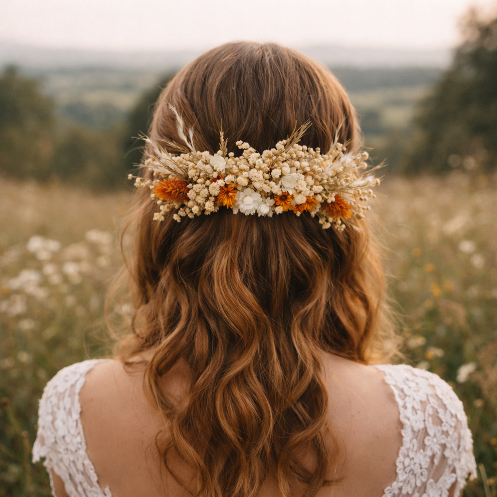 Orange Dried Flower Crown: Autumn Wedding Hair Accessory,Rustic Floral Headpiece