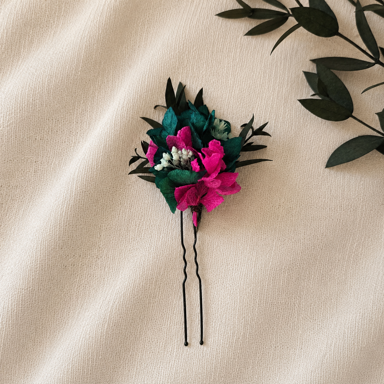 Fuchsia Teal Dried Flower Hair Pins, Bridal Floral Wedding Accessories