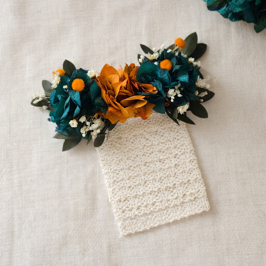 Teal & Orange preserved flower boutonniere
