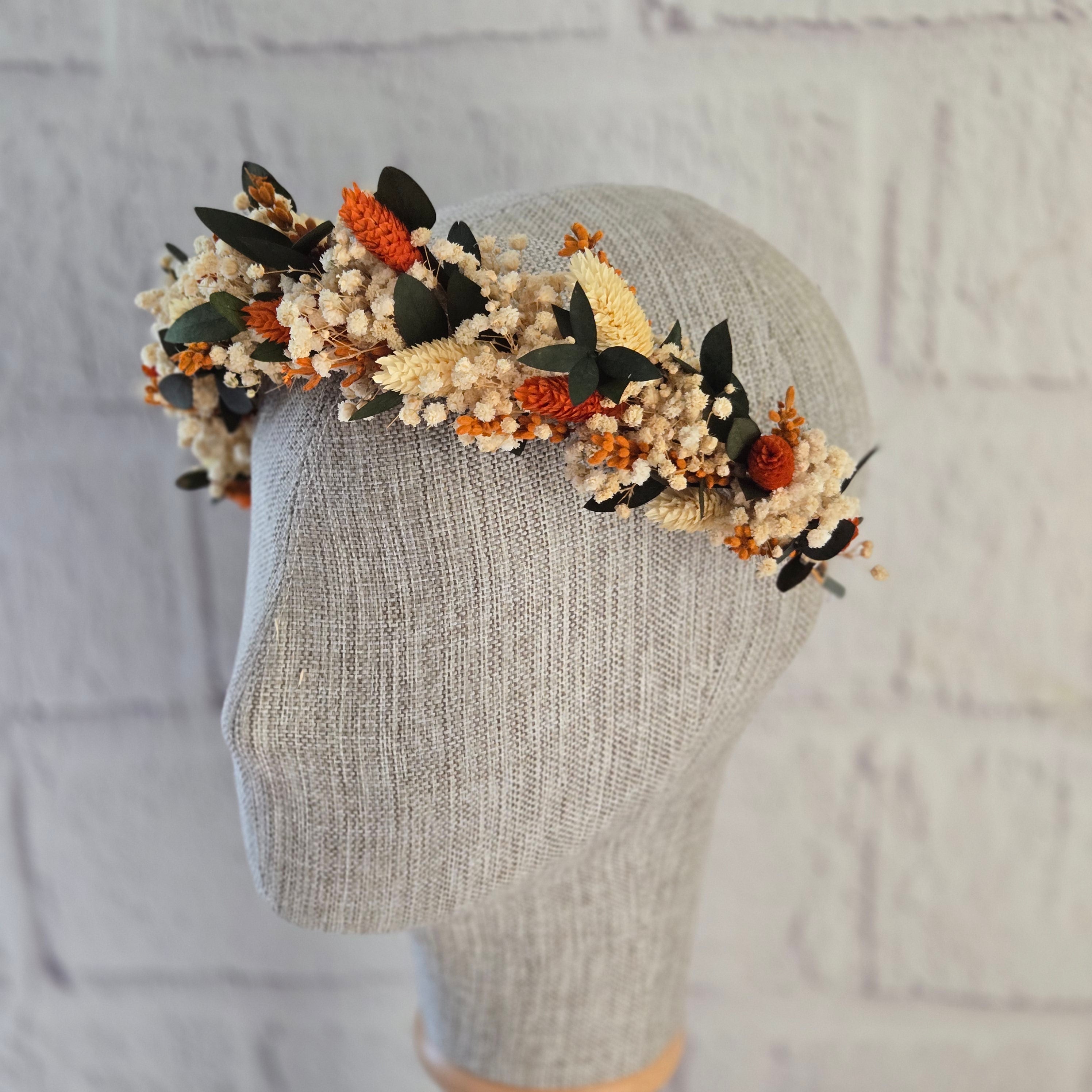 Orange Dried Flower Headband: Boho Wedding Hair Crown
