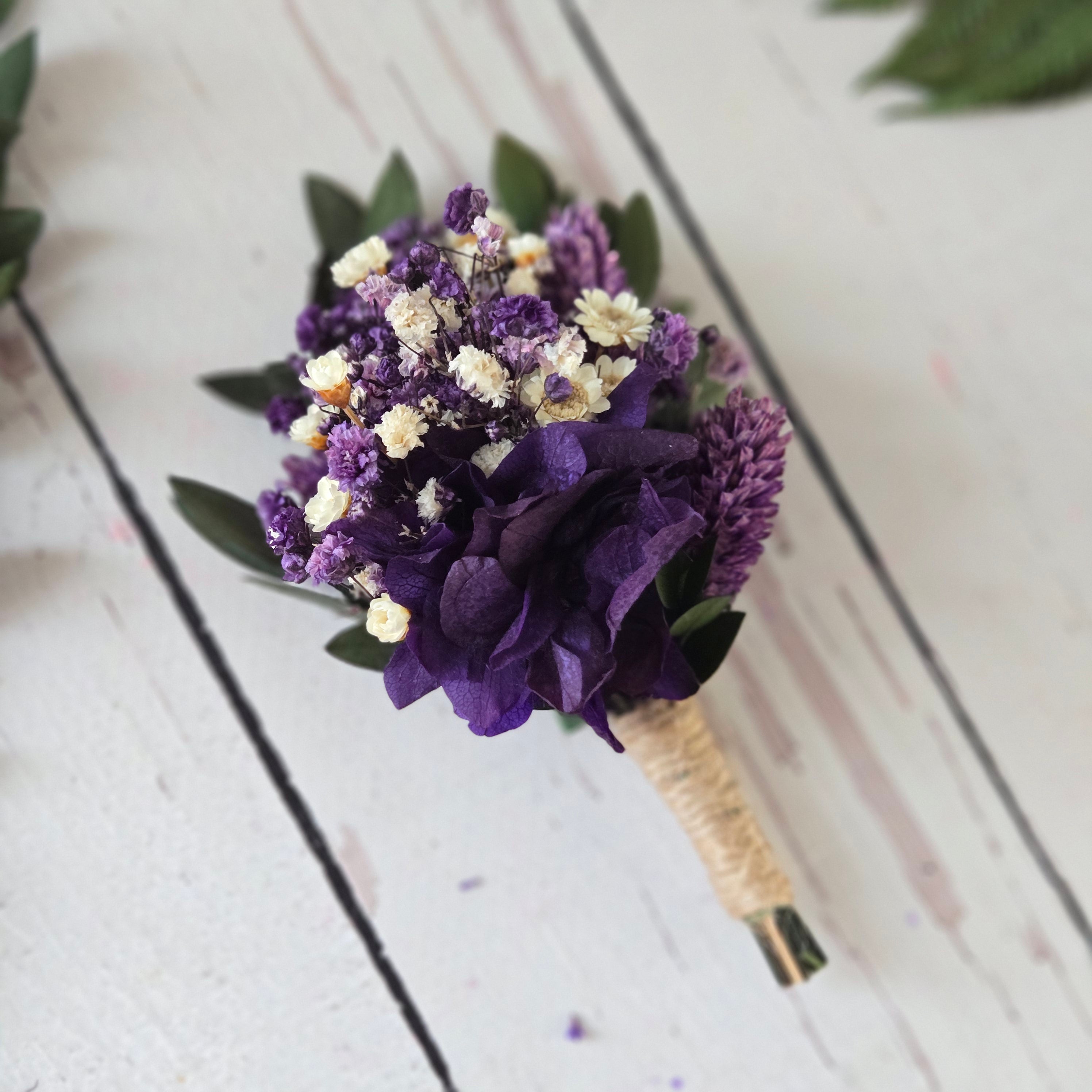 Purple Preserved Flower Boutonniere – Handmade Wedding Lapel Pin for Groom, Groomsmen