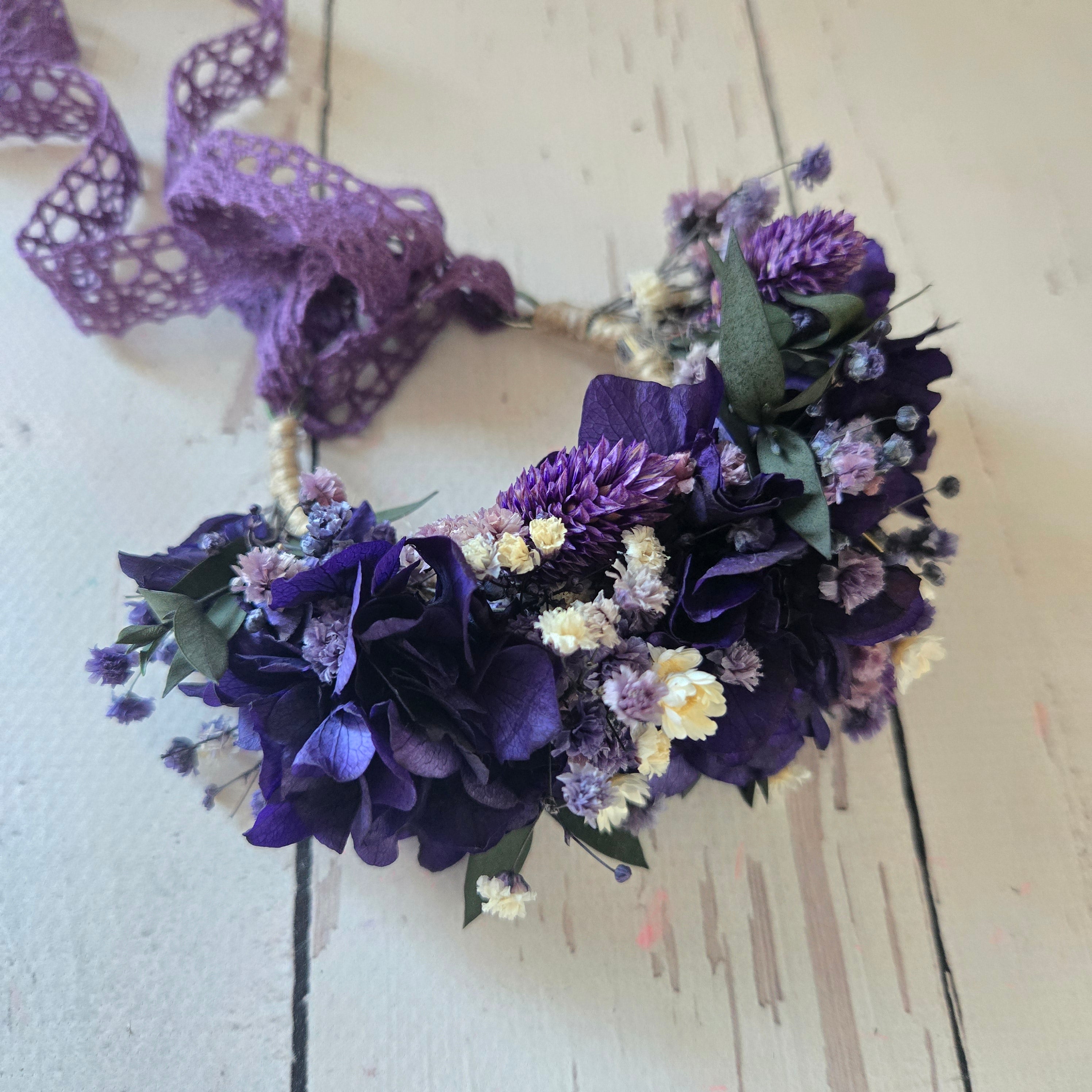 Purple Dried Flower Crown, Boho Floral Hair Wreath: Festival & Bridesmaids