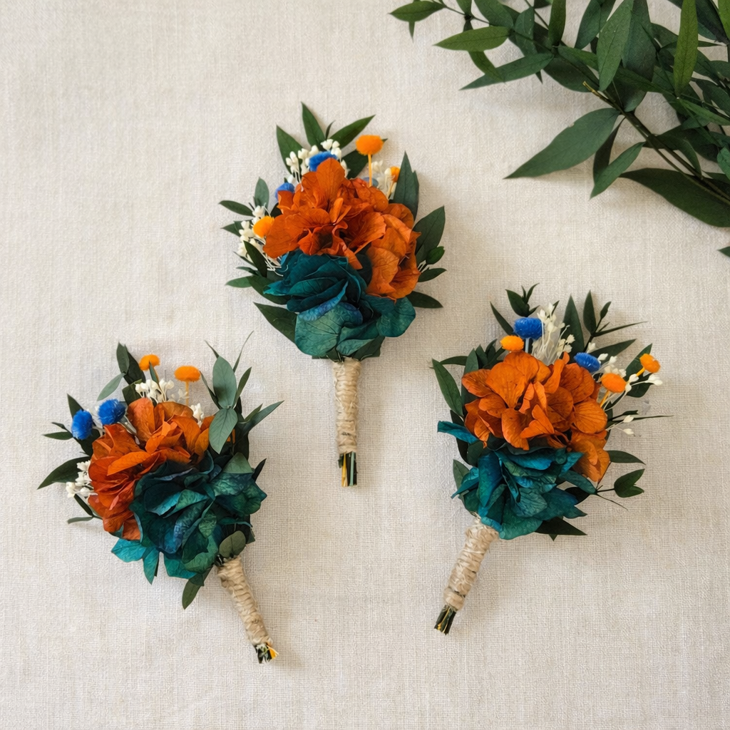 Teal Orange Flower Crown Set for Wedding, Boho Bridal Crown, Preserved Flowers