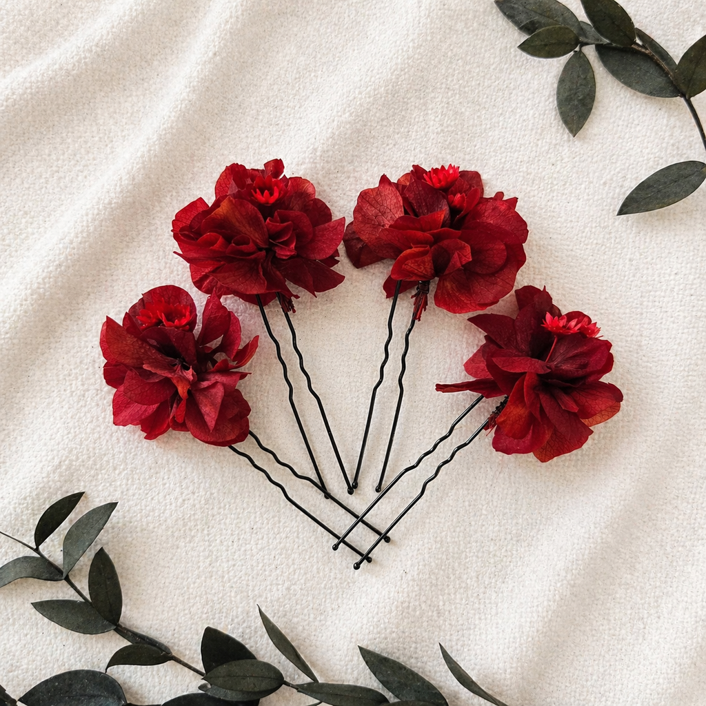 Red Hydrangea wedding dried flower hair pins, Boho Bridal Hair Piece