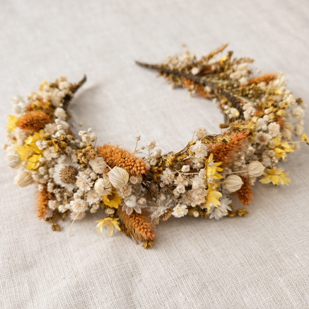 Yellow & Ivory Wildflower Bridal Crown – Preserved Flower Wedding Headpiece