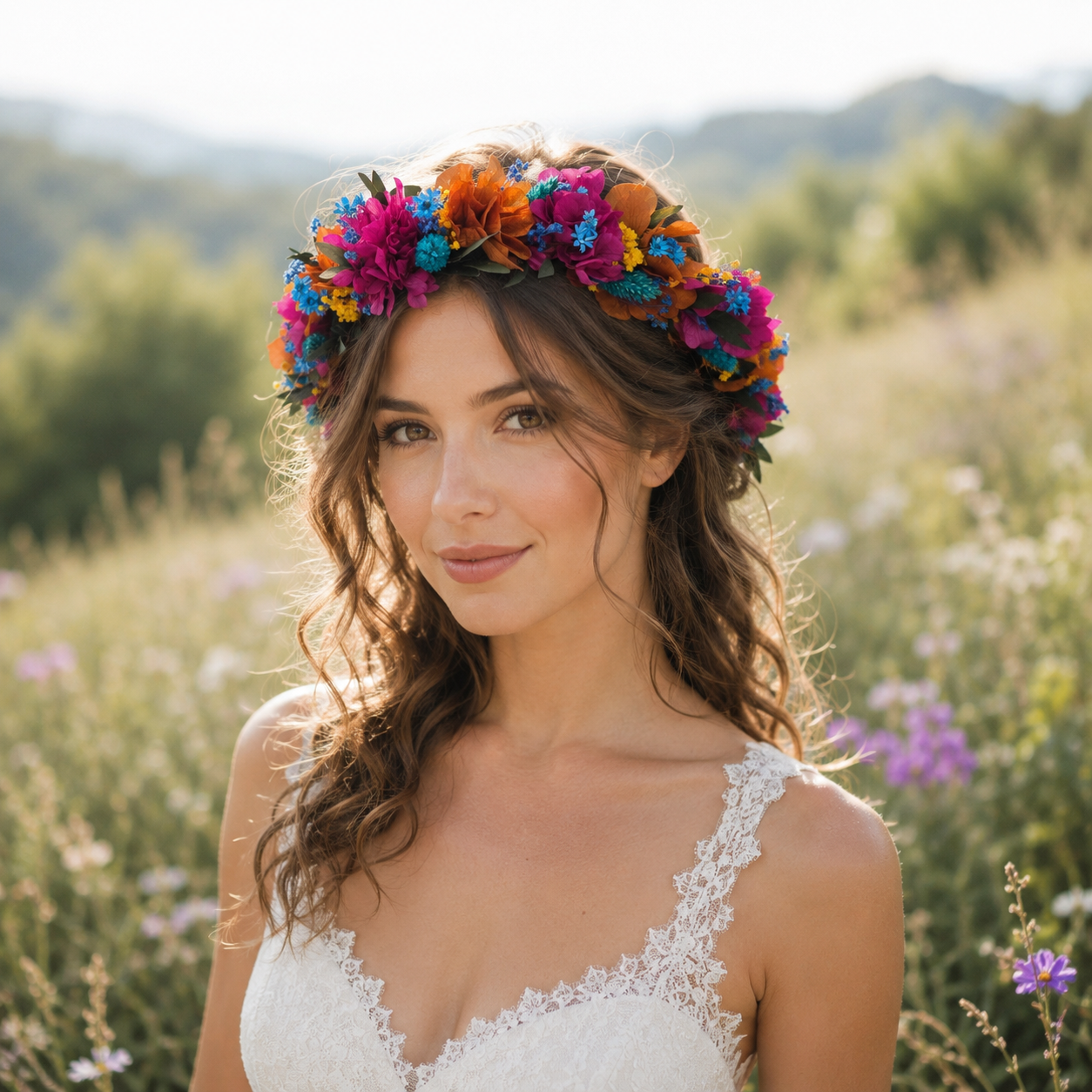 Magenta Orange Wildflower Wedding Crown, Rustic Garden & Folk Bridal Hair Accessory