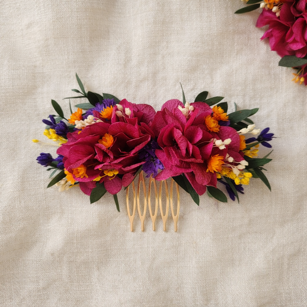 Magenta Hydrangea Dried Flower Bridal Bouquet: Rustic Wedding Set