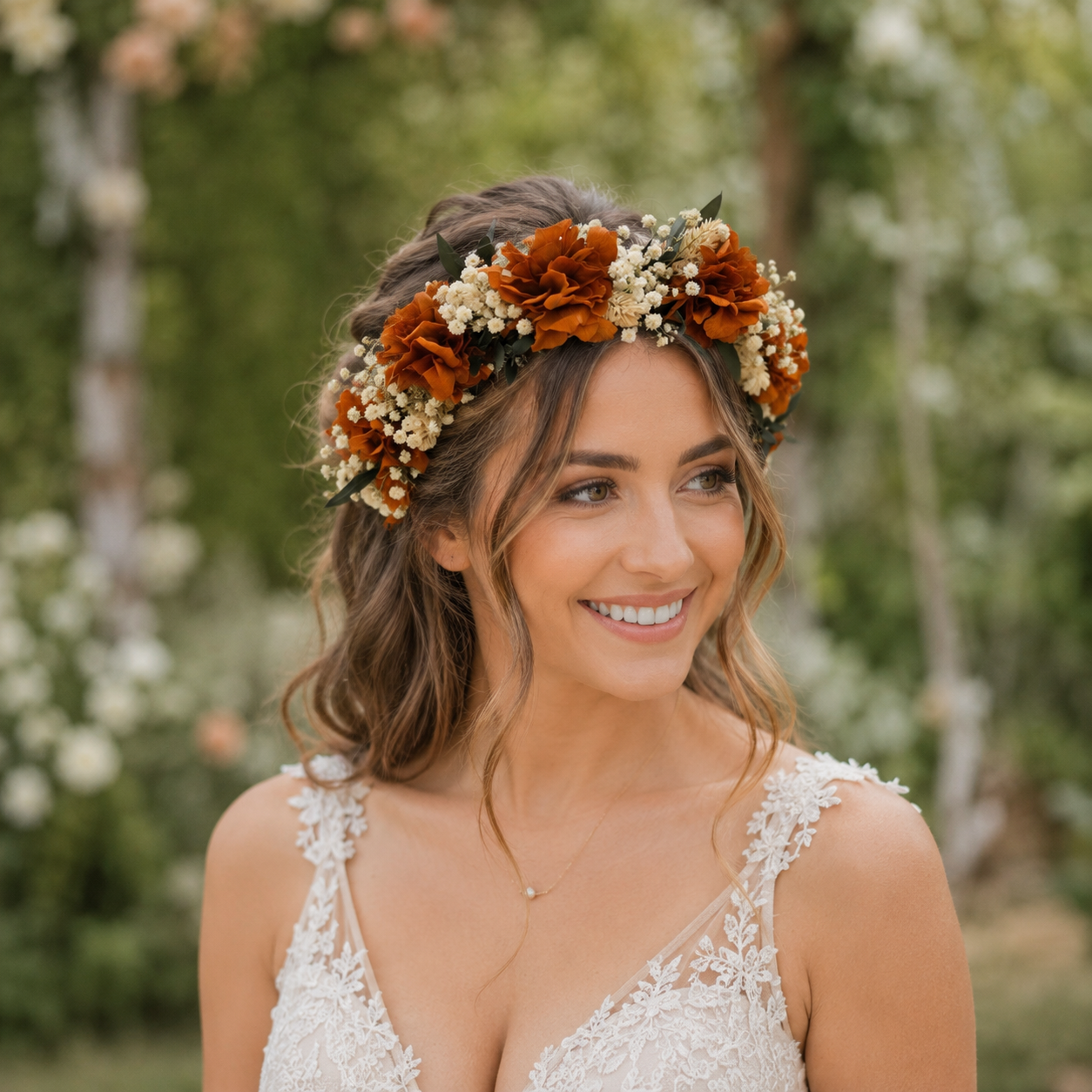 Burnt Orange Dried Flower Crown:Rustic wedding set