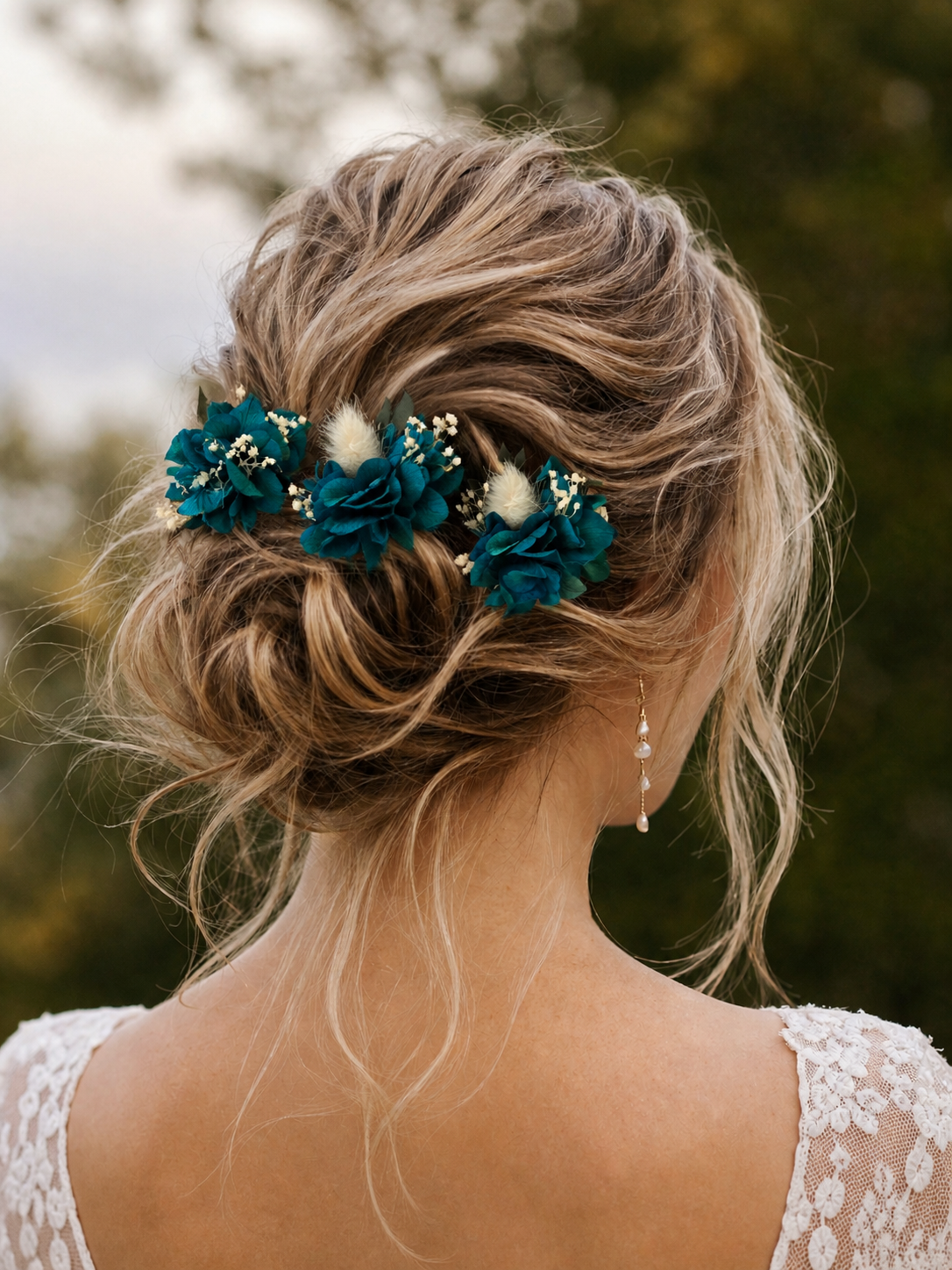 Teal Floral Hair Pins: Boho Wedding Hair Accessories