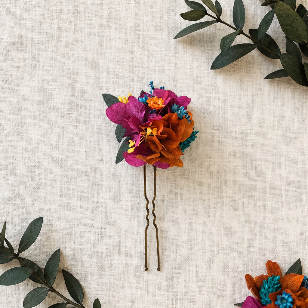 Magenta Orange Wildflower Wedding Crown, Rustic Garden & Folk Bridal Hair Accessory