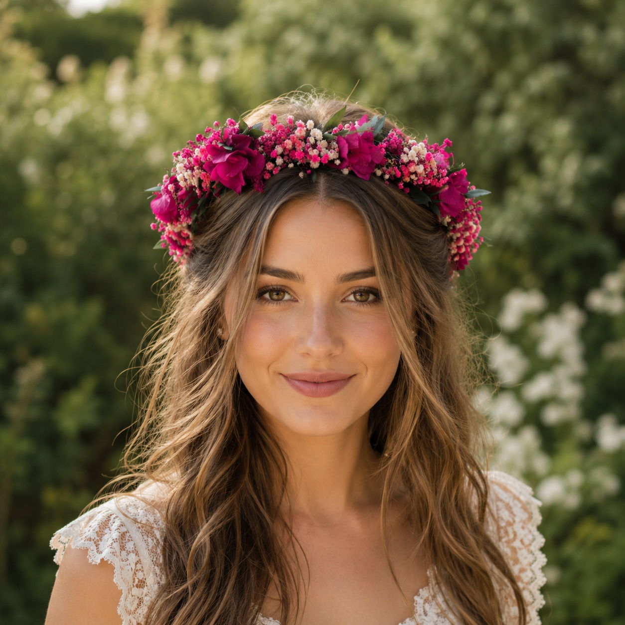 Magenta Flower Crown for Bride, Boho Wedding Flower Crown