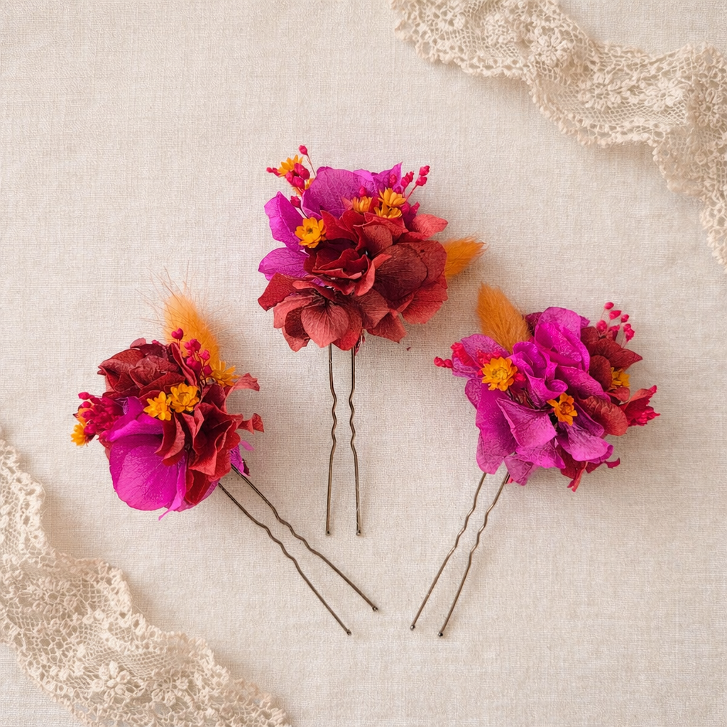 Red Fuchsia Orange Flower Hair Pins, Preserved Flower Hair Pins, Bridal Hair Accessories
