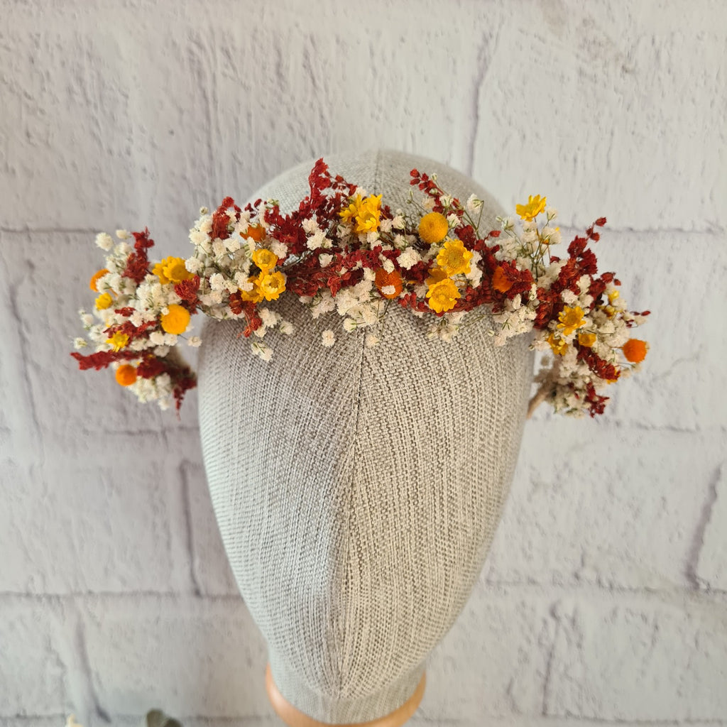 Boho Burnt Orange Dried Flower Crown: Autumn Bridal Headband,Folk Wedding Headpiece