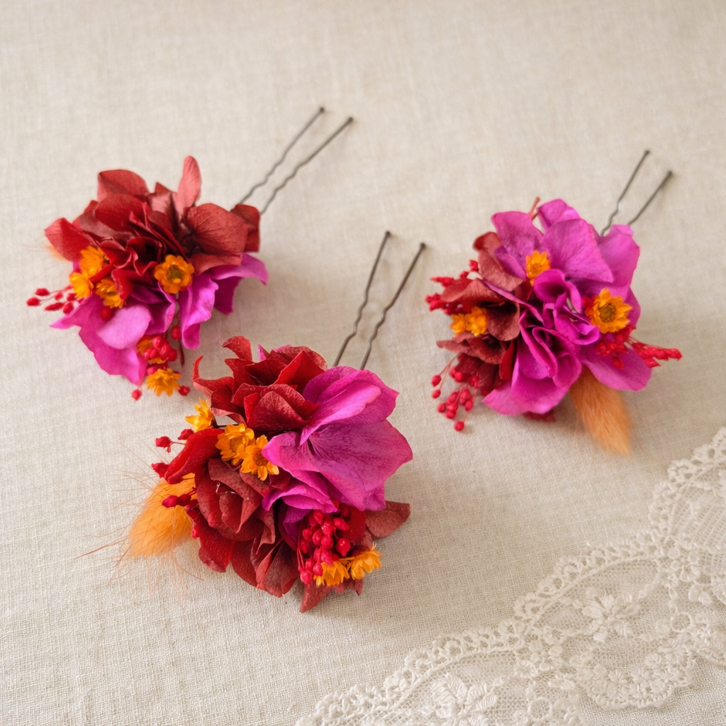 Red Fuchsia Orange Flower Hair Pins, Preserved Flower Hair Pins, Bridal Hair Accessories