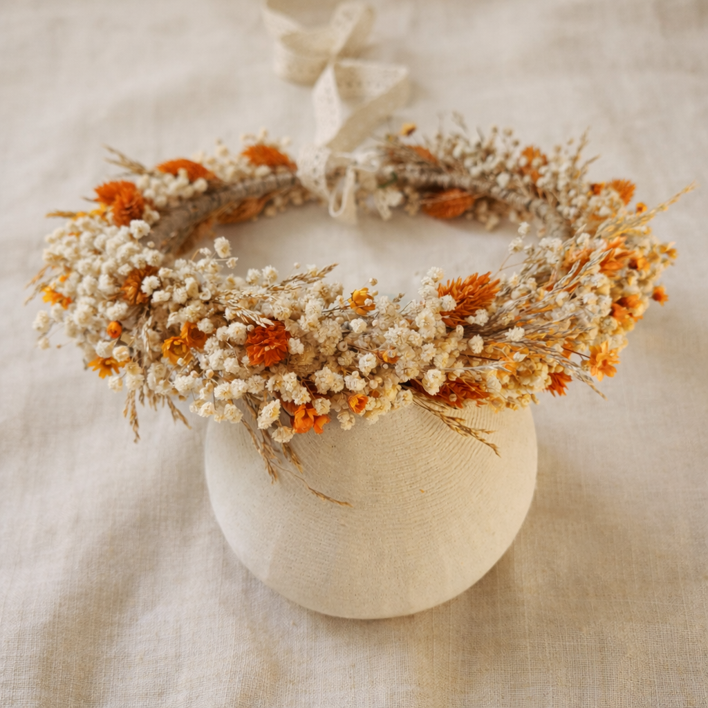 Orange Dried Flower Crown: Autumn Wedding Hair Accessory,Rustic Floral Headpiece