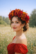 Red Floral Crown, Rustic Bridal Headpiece, Mexican Folk Wedding Hair Accessory