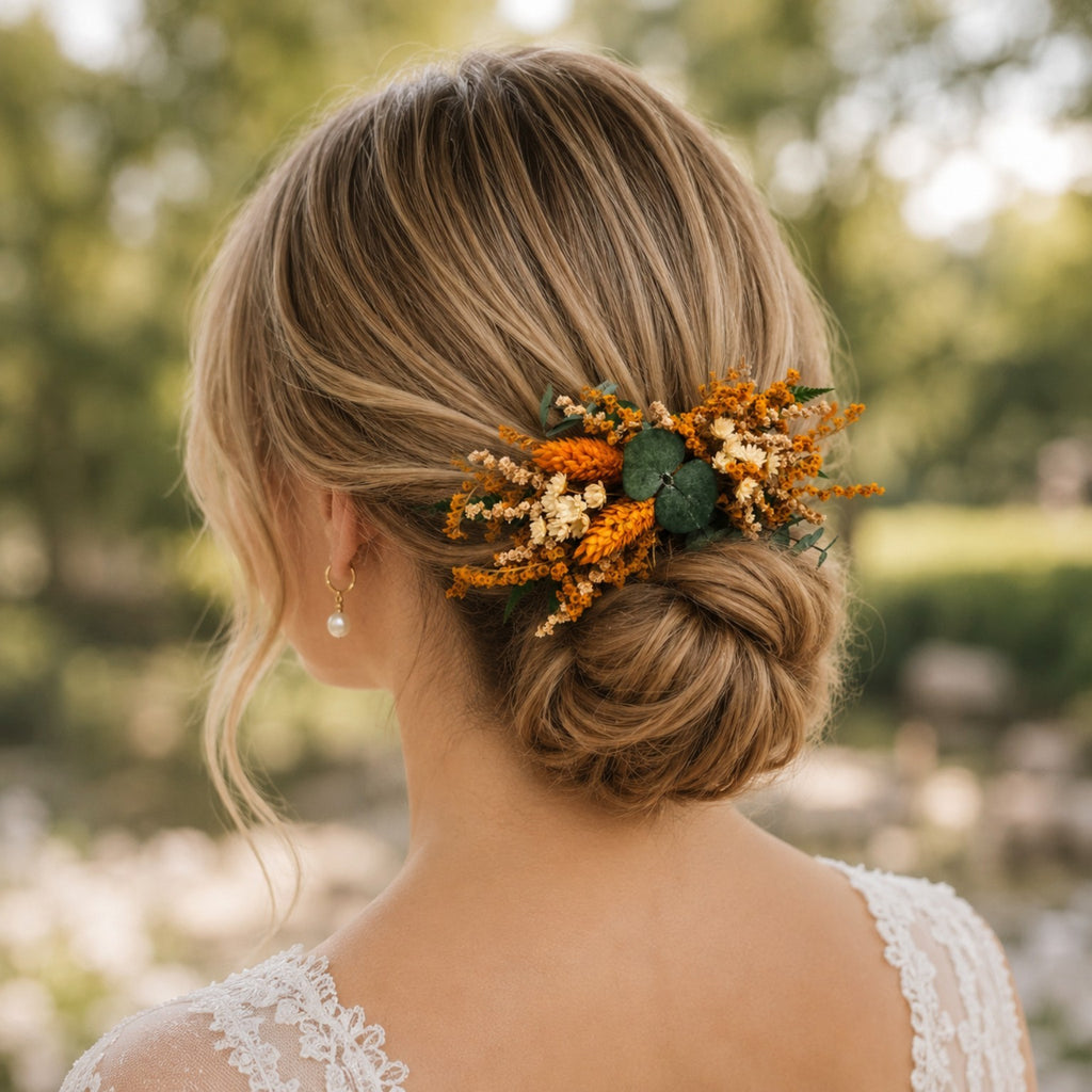 Orange & Ivory Dried Flower Hair Comb – Eucalyptus Bridal Hair Piece, Rustic Autumn Wedding Hair Accessory