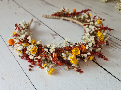 Boho Burnt Orange Dried Flower Crown: Autumn Bridal Headband,Folk Wedding Headpiece