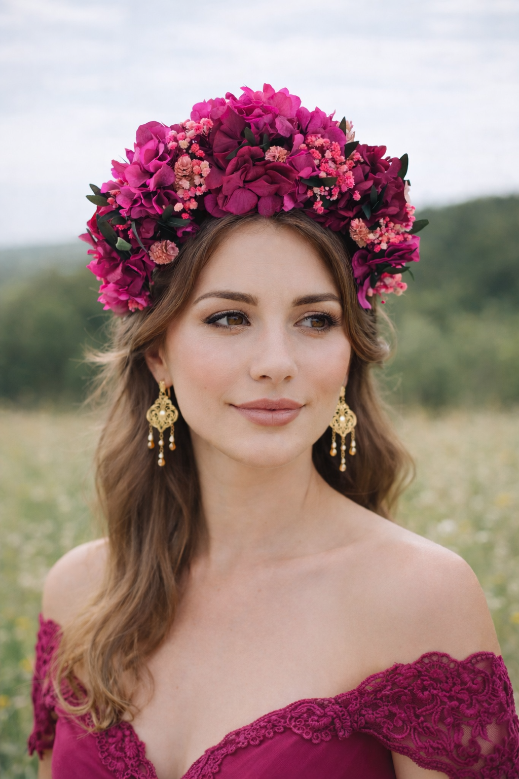 Magenta Boho Flower Crown,Mexican Folk Wedding  Accessory,For The Rustic Bride,Garden Wedding Headpiece