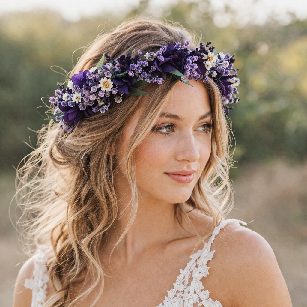 Purple Dried Flower Crown, Boho Floral Hair Wreath: Festival & Bridesmaids