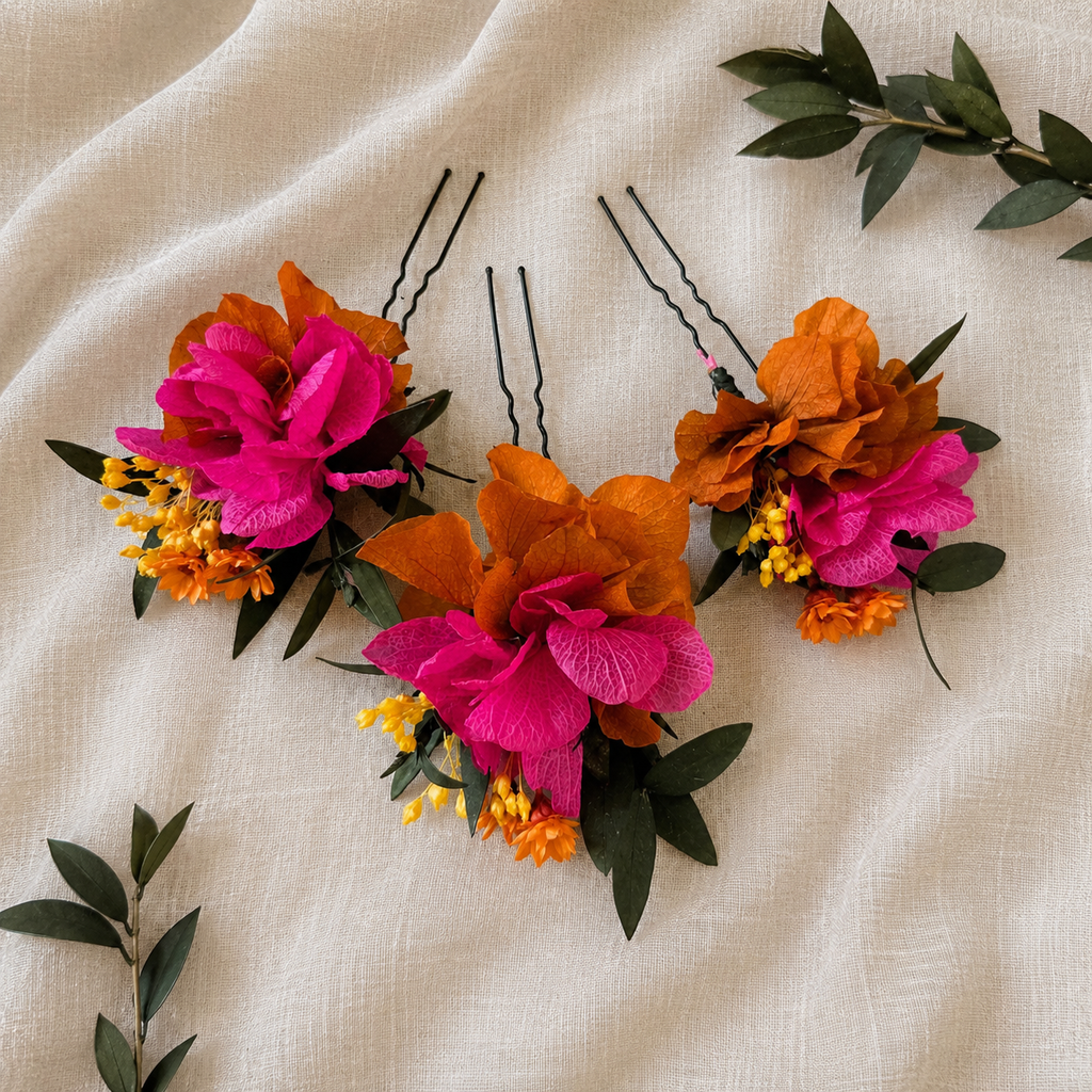 Fuchsia & Burnt Orange Wedding Hair Pin, Boho Bridal Floral Hair Accessories,