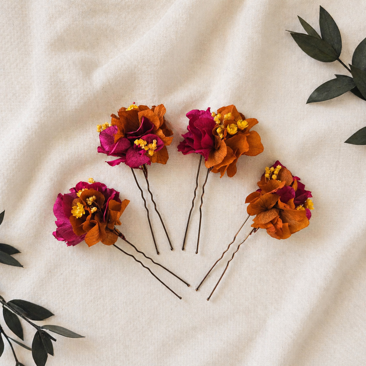 Burnt Orange & Magenta Flower Hair Pin – Fall Wedding Hair Accessories