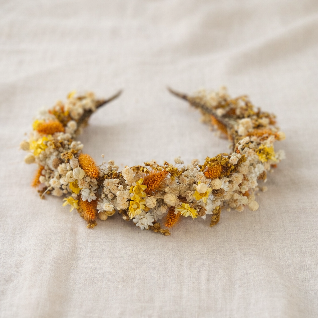 Yellow & Ivory Wildflower Bridal Crown – Preserved Flower Wedding Headpiece
