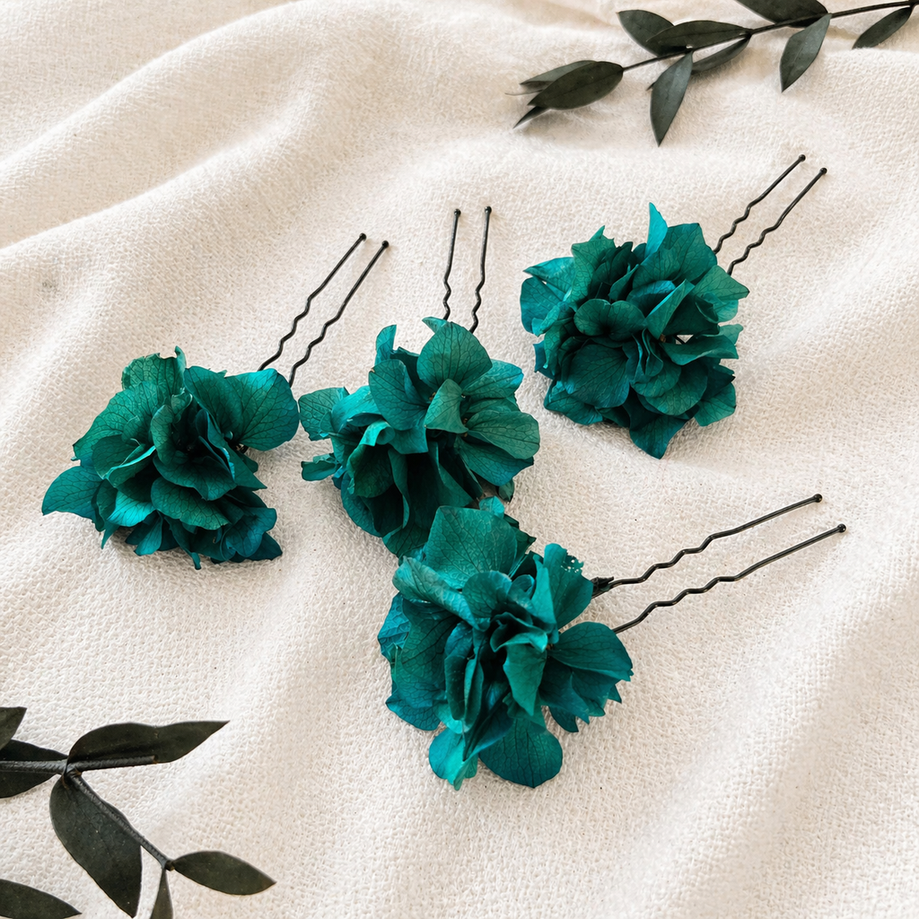 Teal Preserved Flower Hair Pins Set, Boho Bridal Hair Accessories