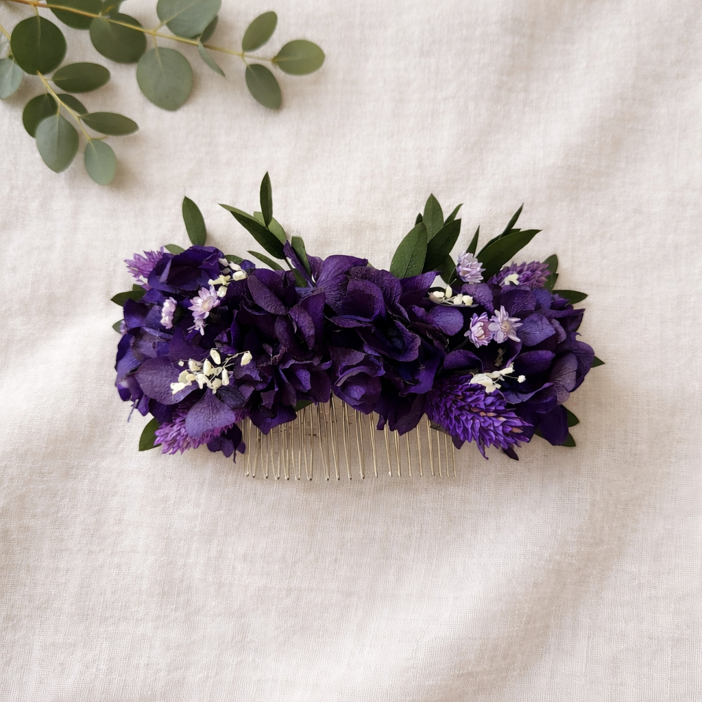 Purple Floral Hair Comb, Boho Bridal Hair Accessory, Rustic Garden Bride Headpiece