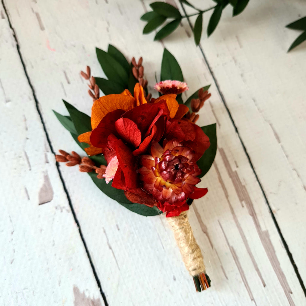 Burnt Orange Dried Flower Boutonniere: Rustic Bohemian Groomsmen Accessory
