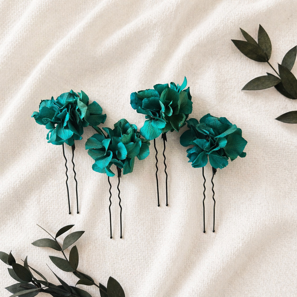 Teal Preserved Flower Hair Pins Set, Boho Bridal Hair Accessories