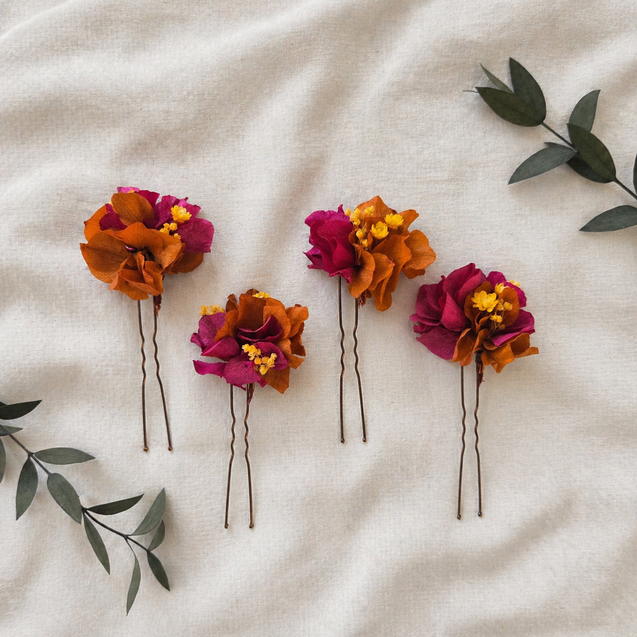 Burnt Orange & Magenta Flower Hair Pin – Fall Wedding Hair Accessories