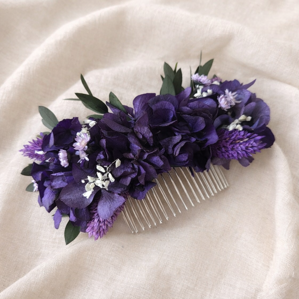 Purple Floral Hair Comb, Boho Bridal Hair Accessory, Rustic Garden Bride Headpiece