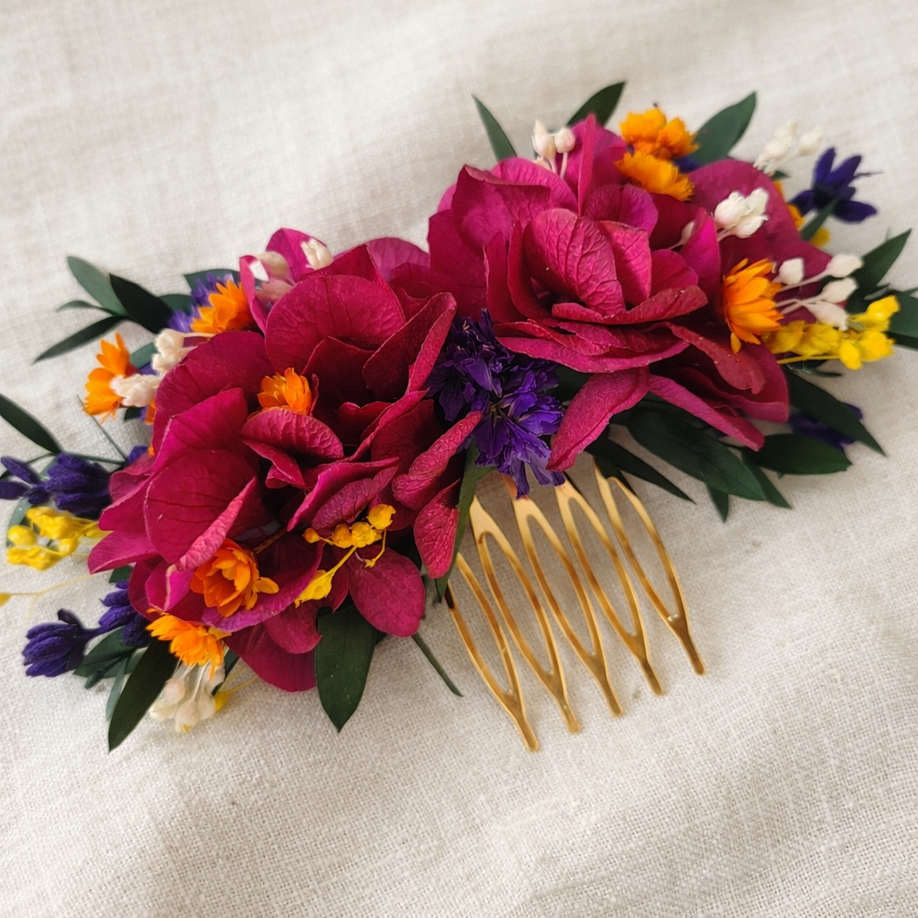 Dark Fuchsia Dried Flower Hair Comb: Rustic Wedding Bridal Accessory