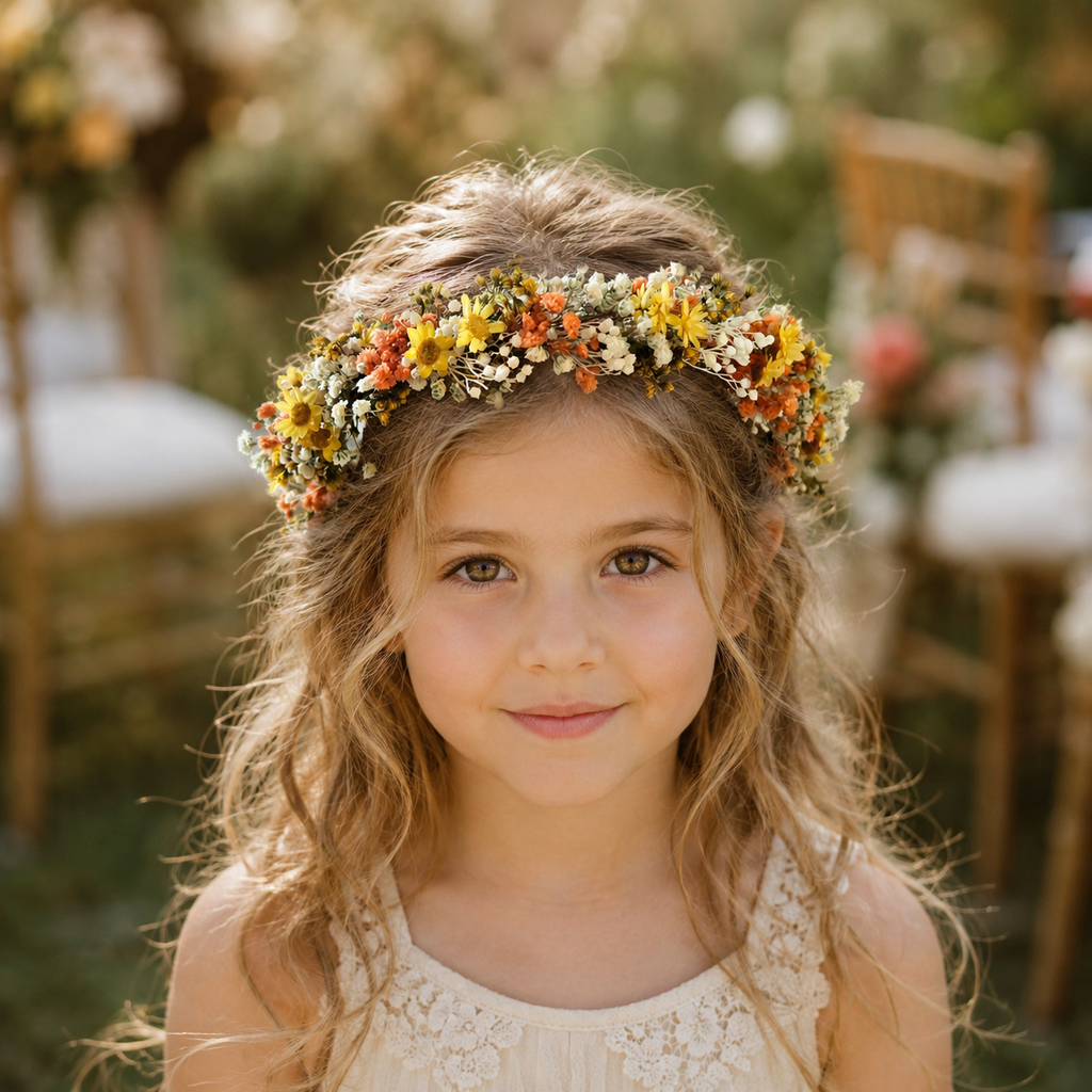 Rustic Flower Wedding Crown | Yellow & Orange Preserved Flower Crown | Boho Wedding Floral Headpiece