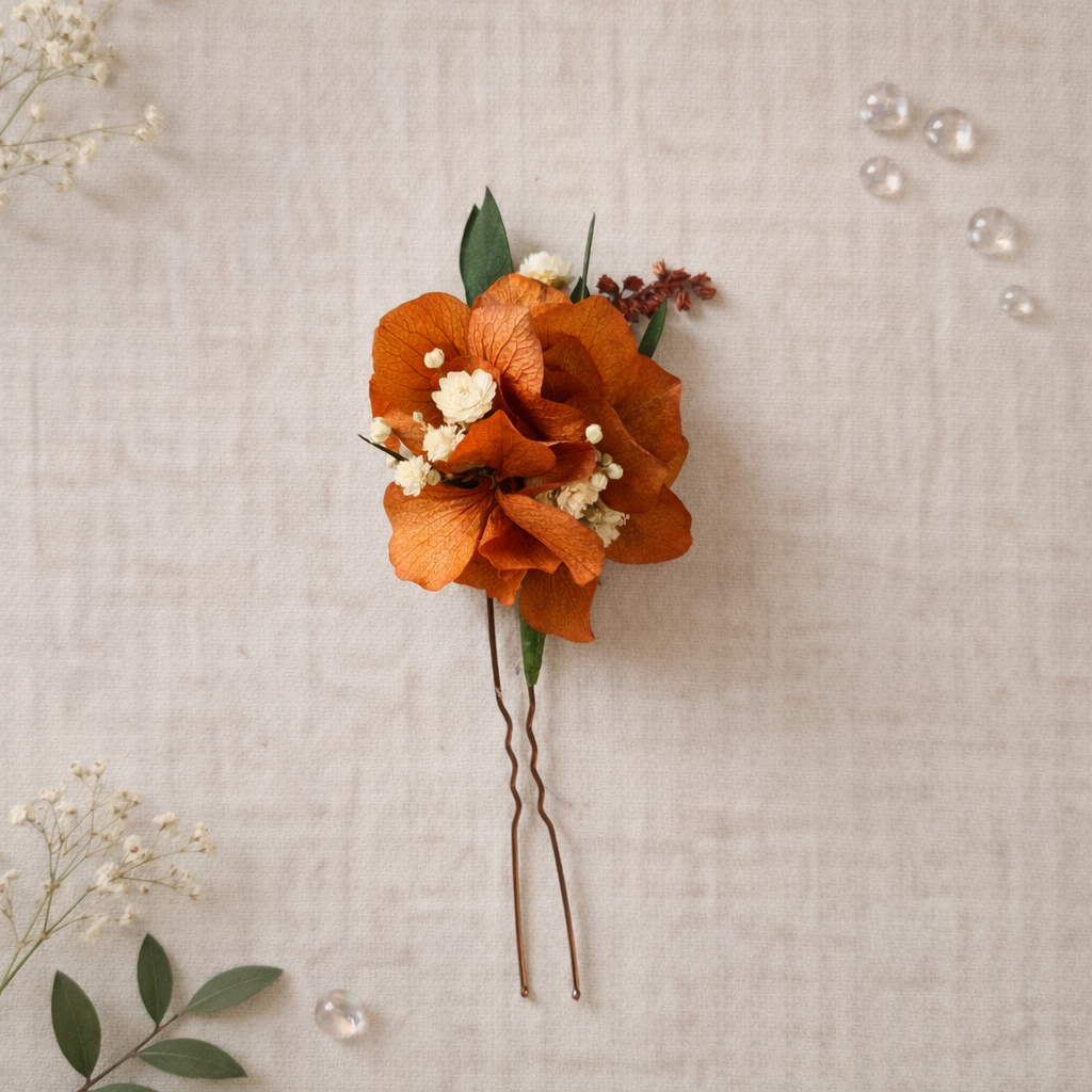 Autumn Floral Hair Pins with Real Preserved Flowers: Burnt Orange Flower Hair Pin