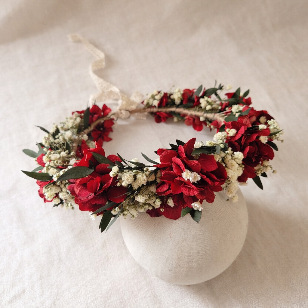 Handmade Red Preserved Flower Crown, Boho Bridal Headpiece