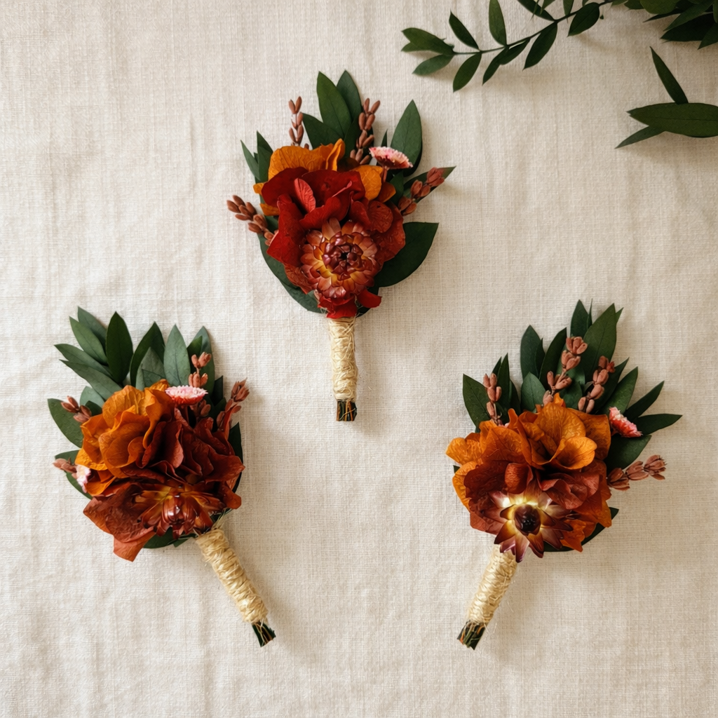 Burnt Orange Dried Flower Boutonniere: Rustic Bohemian Groomsmen Accessory